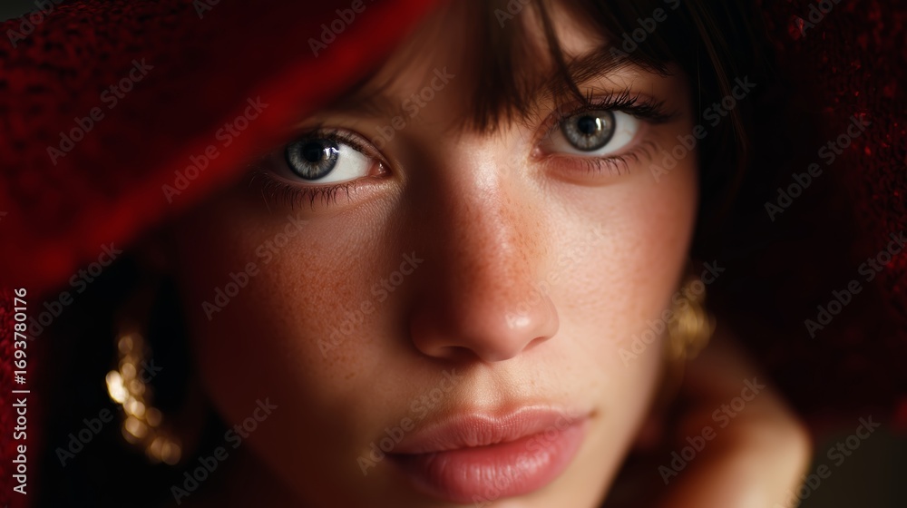 Fototapeta premium Close-up portrait of a young woman with striking blue eyes and a red headscarf in soft, natural light