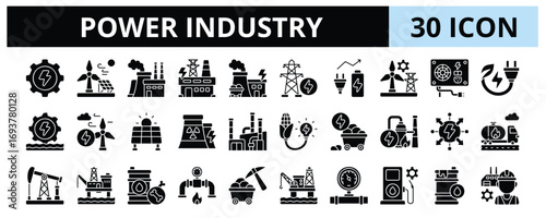 30 Power Industry Glyph Icons Vector - Power Plant, Generating Station, Power Supply, Coal Power, Fossil Fuel, Oil Barrel, Petrol Tank