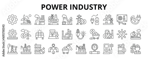30 Power Industry Line Icons Vector - Power Plant, Generating Station, Power Supply, Coal Power, Fossil Fuel, Oil Barrel, Petrol Tank