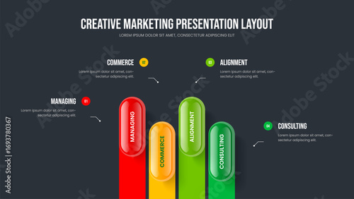 Enterprise Insight Presentation Template Vector Illustration. Sales Showcase Four Element Diagram Slideshow Design. Corporate Planning 4 Option Infographic Slide Layout.