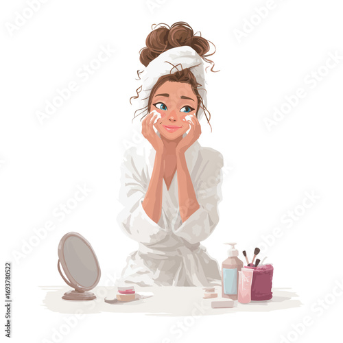 A young woman enjoys her skincare routine at a vanity table, smiling with joy. She is wearing a robe and towel, surrounded by beauty products and a mirror.