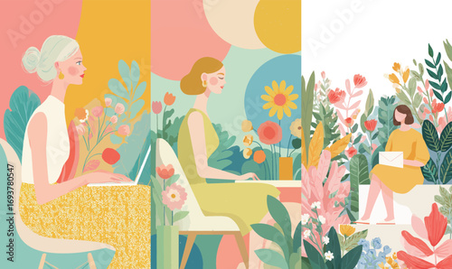 Three women engage in various artistic pursuits surrounded by vibrant flowers and shapes, showcasing creativity and inspiration in a bright setting.
