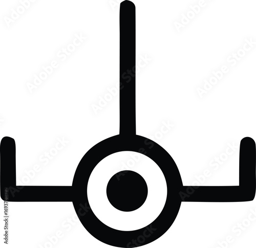 Simple black and white symbol with central circle and outward arms geometric shape abstract design element modern iconographic form