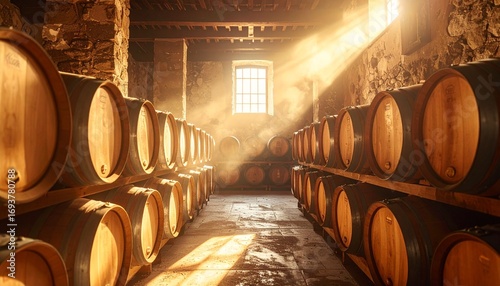 Interior de una bodega tradicional española con filas de barriles de roble, luz cálida filtrándose desde una ventana alta, textura del polvo en el aire