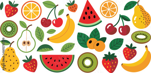 Colorful Fresh Fruit Collection Vector Set – Watermelon, Strawberry, Banana, Kiwi, Pear, Orange, Cherry