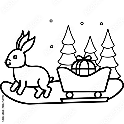 black and white rabbit pulling sleigh with gift clip art preview