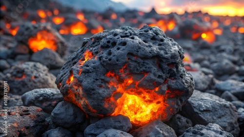 Molten lava glow illuminates jagged volcanic rock formations under a dramatic twilight sky