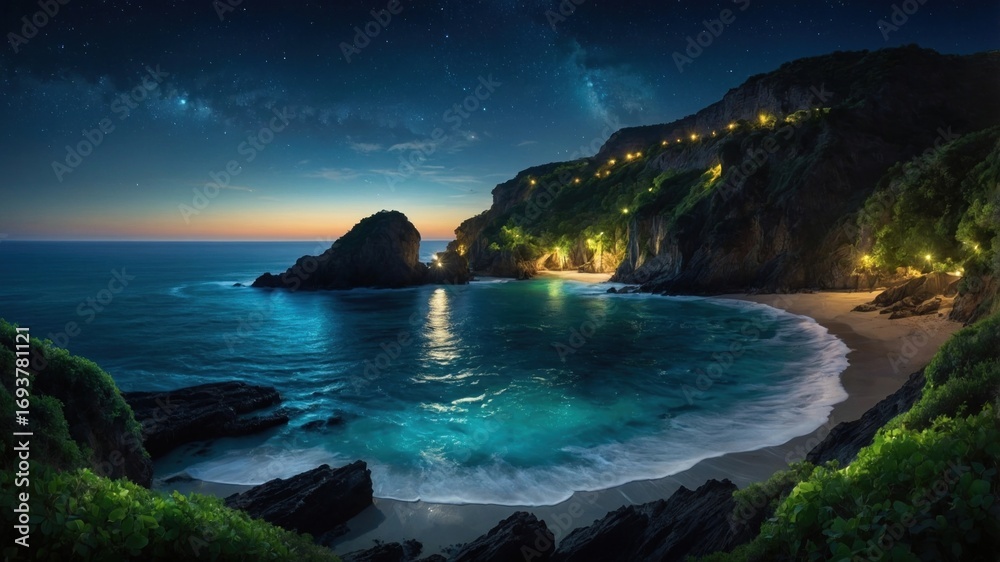 Fototapeta premium Serene coastal view at dusk with gentle waves, illuminated cliffs, and a starry sky backdrop