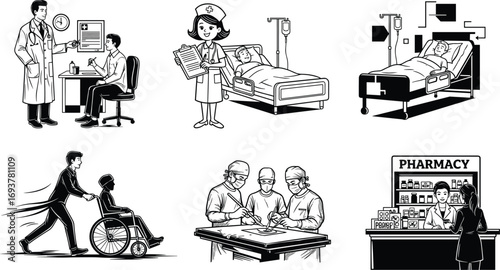 healthcare, hospital, doctor, nurse, patient, surgery, pharmacy, wheelchair, IV, consultation, medicine, vector, black, white, clinical, treatment, reception, monitoring, teamwork, service