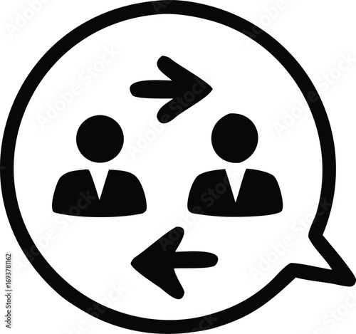Two person communication exchange icon showing dialogue between individuals with arrows symbolizing interaction and connection