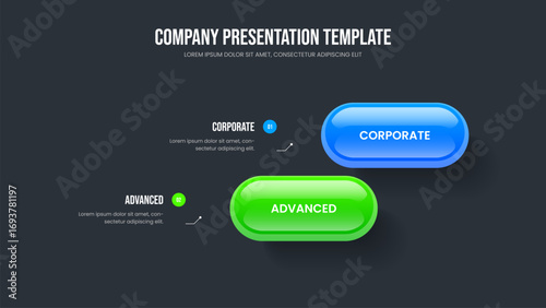 Business Innovation 2 Element Diagram Slide Design. Advertising Profile Presentation Layout Vector Illustration. Creative Introduction Two Step Infographic Frame Template.