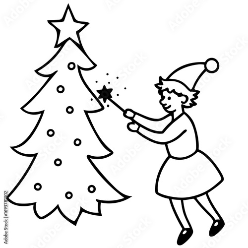 Whimsical Christmas Tree with a Smiling Elf Waving a Magic Wand Illustration for Holiday Designs