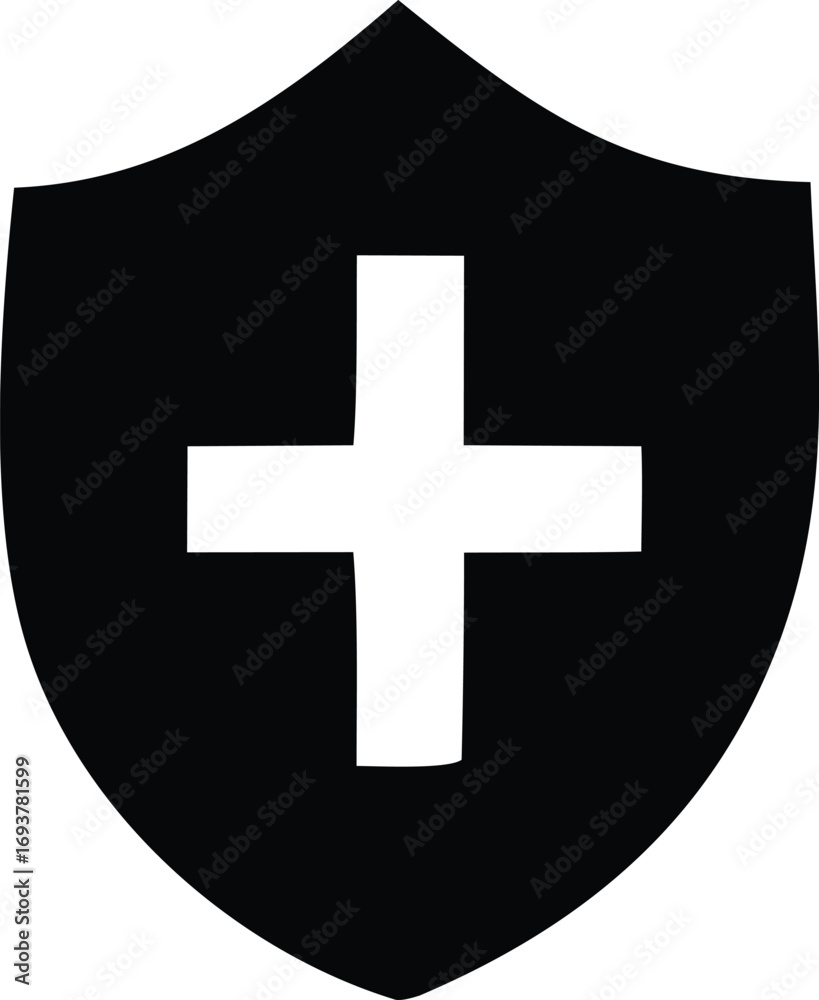 Fototapeta premium Black shield with white cross symbol representing medical safety security protection and healthcare services concept