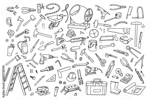 Set of tools and equipments for home repair. Illustration of construction supplies in hand drawn style isolate on white background.