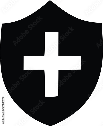 Black shield with white cross symbol representing medical safety security protection and healthcare services concept