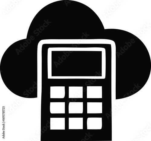 Cloud computing technology icon featuring calculator device data storage concept digital finance solutions and online business operations