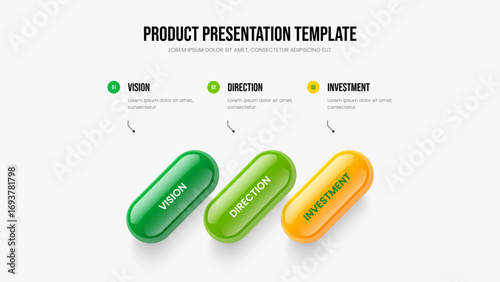 Project Launch Slideshow Template Vector Illustration. Market Showcase Three Option Infographic Slide Layout. Creative Innovation 3 Step Diagram Presentation Design.