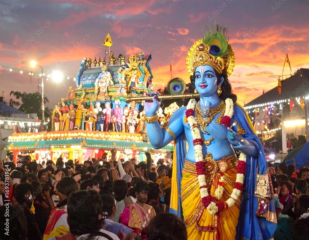 Fototapeta premium Krishna procession at sunset