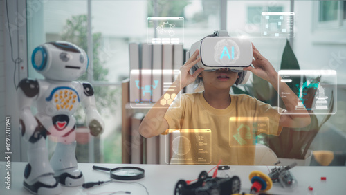 A child wearing VR headset learning with AI hologram and robot assistant. Concept of STEM education, robotics, digital learning, future technology, and smart classroom innovation.