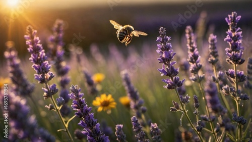 A bee hovering over vibrant lavender flowers during sunset in a serene garden setting