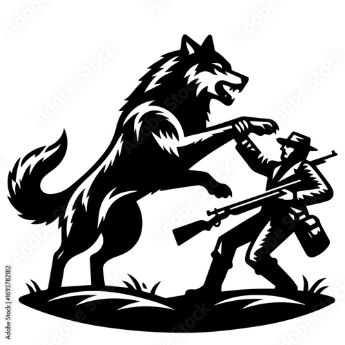 Illustration of a hunter defending himself from an attacking wolf with his rifle in a monochrome style
