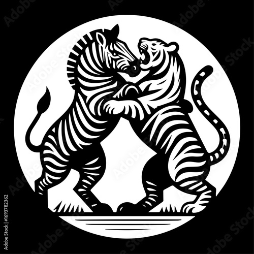 Black and white illustration of a zebra and a tiger fighting in a circular frame with a black background