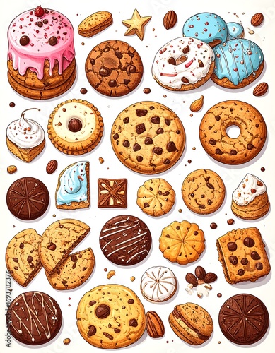 Assorted cookies and sweets, delightful illustration