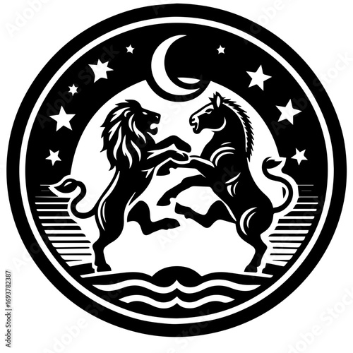 Illustration of a lion and horse facing each other under a crescent moon and stars in a circular frame