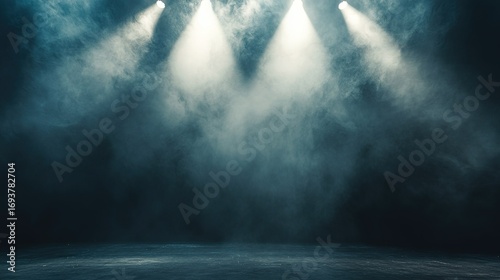 Dramatic stage with spotlights shining down—creates mystery & anticipation for upcoming performance; soft gray smoke in background adds depth/contrast; ideal for live event social media covers