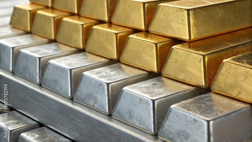 Stacks of shiny gold and silver bars, representing wealth, investment, and the precious metals market, close up shot