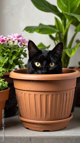 Black cat peeking from a terracotta pot