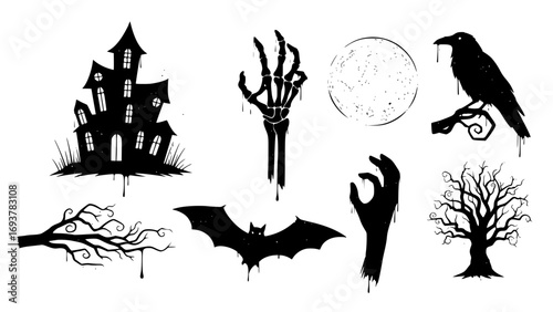 Spooky halloween icons featuring a haunted house, skeleton hands, and a bat