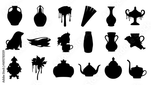 Assortment of silhouette objects vases, pots, animal, flower