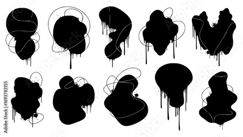 Collection of black abstract shapes with dripping effect