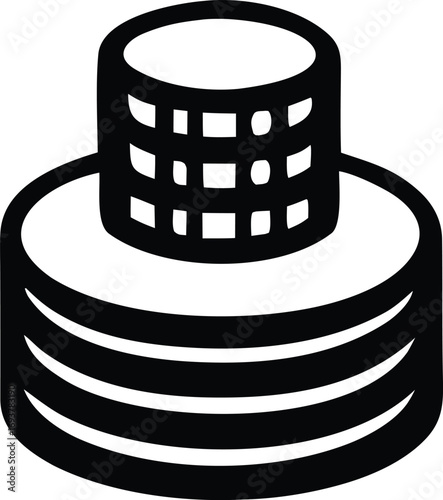 Stylized icon of stacked coins or cylinders with grid detail represents wealth finance or storage solutions