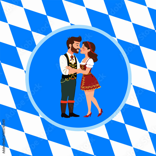 From the Oktoberfest series, a hugging couple on a traditional Bavarian pattern of blue diamonds.