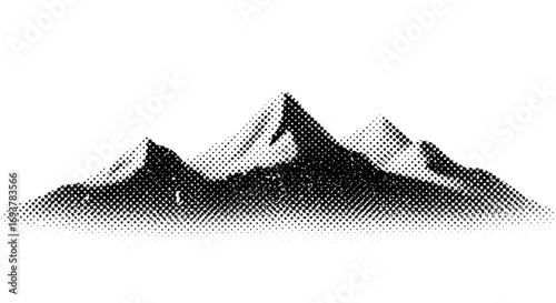 A stylized black and white illustration of a mountain range with sharp peaks and snowy slopes, rendered in a halftone dot pattern.