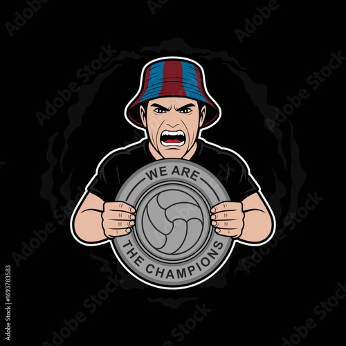man ultras hooligan casual with trophy champions vector design