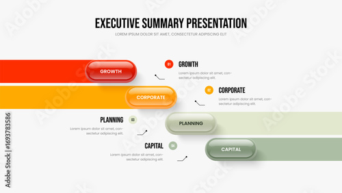 Enterprise Insight 4 Option Infographic Slide Layout. Consulting Forecast Four Element Diagram Slideshow Design. Service Profile Frame Template Vector Illustration.