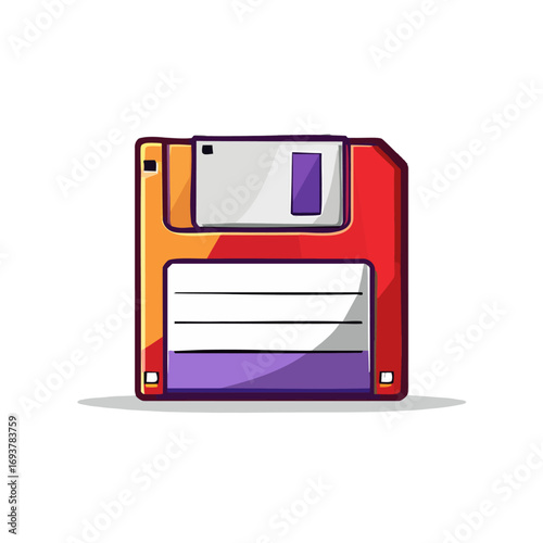 A stylized illustration of a vintage floppy disk, showcasing its classic design and color scheme.