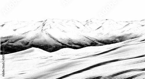 A stark black and white halftone rendering of a vast, snow-covered mountain range under a clear sky.