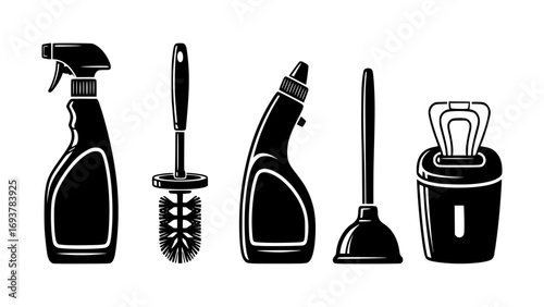 Cleaning supplies including spray bottle, toilet brush, plunger, and wipes