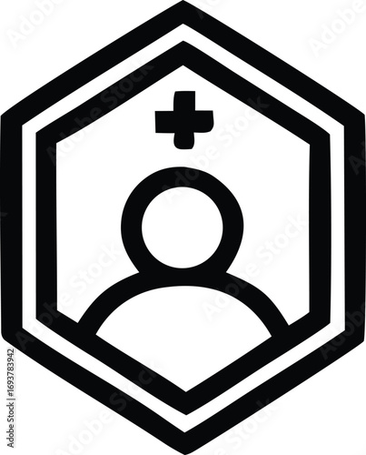Healthcare professional icon with medical cross and user silhouette within a hexagonal border for medical digital platforms and services