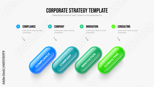 Advertising Performance Four Element Diagram Presentation Design. Visual Overview Frame Template Vector Illustration. Modern Portfolio 4 Step Infographic Slide Layout.
