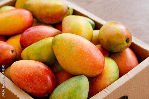 Fresh Ripe Hainan Toffee Sweetheart Mangoes in Wooden Crate - Tropical Fruit Harvest