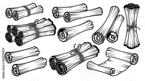 Collection of rolled scrolls and parchment