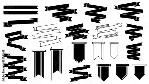 Collection of black ribbon banners and pennants