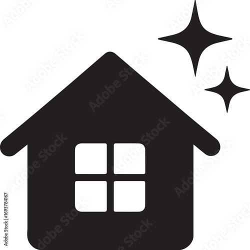 House with sparkle clean effect silhouette, home cleaning icon, tidy vector, minimal design