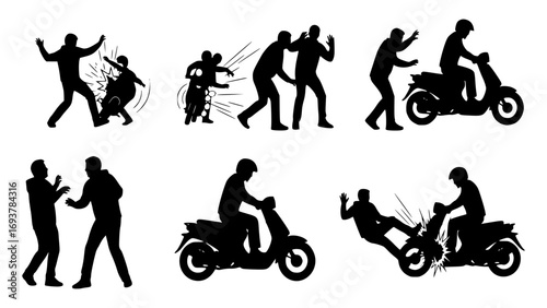 Set of black and white silhouette icons illustrating scooter accidents and altercations