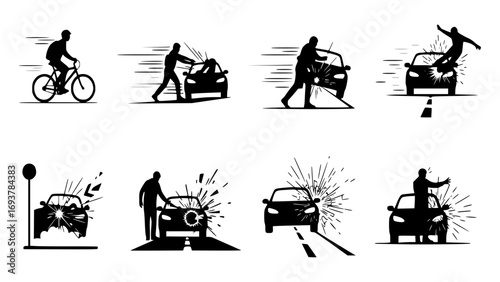 Collection of black and white silhouette icons depicting car accidents and road safety scenarios